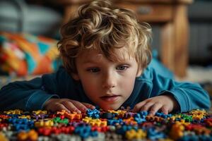 Young boy with disabilities plays educational puzzle game at home photo