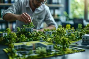 A focused architect carefully adjusts a miniature tree on a scale model of a green city, showcasing a commitment to sustainable design and urban planning photo