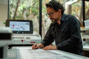 Man reviewing architectural plans on large format printer photo