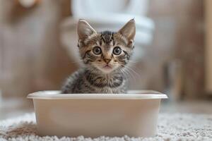 Tabby kitten sitting in white litter box, peeing cute pet photo
