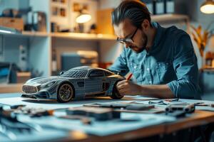 Car designer working on concept car development in auto design studio photo