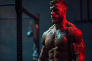 A muscular bodybuilder poses in a dimly lit gym with red lighting, showcasing his defined physique and intricate tattoos photo