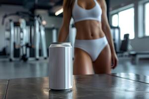 A silver aluminum can sits on a metal table in a modern gym, while a woman in white athletic wear stands in the background, out of focus photo