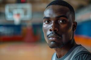 Close up portrait of a young basketball player on a court photo