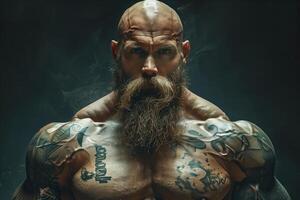 A muscular, bearded bodybuilder with tattoos on his chest and arms poses in a dark studio setting. He looks directly at the camera with a serious expression photo