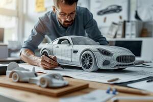 Automotive designer working on concept car development in studio, engineer drawing a model layout photo