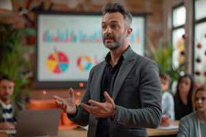 Businessman giving presentation with charts and graphs in modern office photo