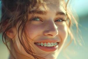 Smiling woman with braces in the sun photo