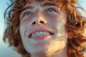 Close up portrait of a young man with braces smiling photo