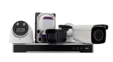 Assortment of Modern Security Cameras and Recorder. CCTV Camera set white isolated. photo