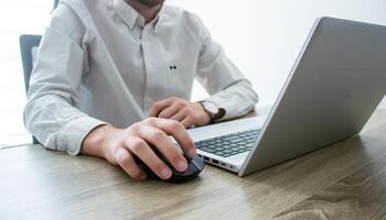 Business man hands typing on laptop computer keyboard, surfing the internet at the office with copy space for web banner, IT worker and business concept photo