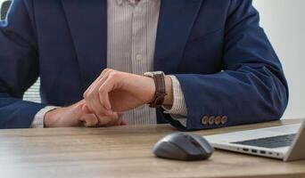businessman looking at classic wristwatch,diary page background, time management concept photo