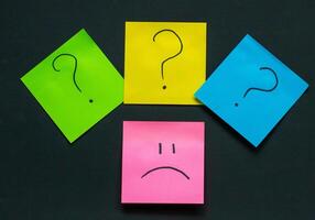upset emoticon surrounded by question marks on a dark background, failed attempts, motivation photo