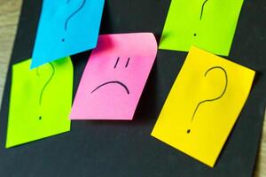 upset emoticon surrounded by question marks on a dark background, failed attempts, motivation photo