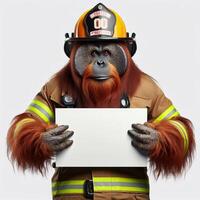 An orangutan in a job specific clothing Holding up an empty sign isolated on a clear white background photo
