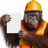 An orangutan in a job specific clothing Holding up an empty sign isolated on a clear white background photo