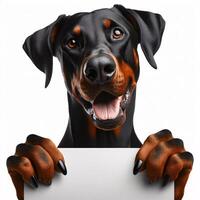Cute realistic dog holding up a white sign on which text can be inserted, all isolated on a white background photo