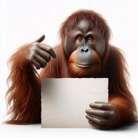 An orangutan in a job specific clothing Holding up an empty sign isolated on a clear white background photo
