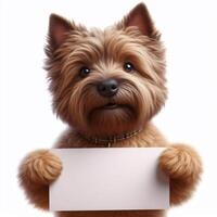 Cute realistic dog holding up a white sign on which text can be inserted, all isolated on a white background photo