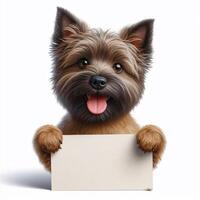 Cute realistic dog holding up a white sign on which text can be inserted, all isolated on a white background photo