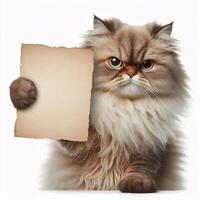 Cat holding up a white sign isolated on a white background photo
