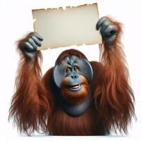 An orangutan in a job specific clothing Holding up an empty sign isolated on a clear white background photo
