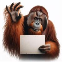 An orangutan in a job specific clothing Holding up an empty sign isolated on a clear white background photo