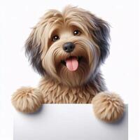 Cute realistic dog holding up a white sign on which text can be inserted, all isolated on a white background photo