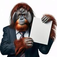 An orangutan in a job specific clothing Holding up an empty sign isolated on a clear white background photo