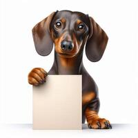 Cute realistic dog holding up a white sign on which text can be inserted, all isolated on a white background photo