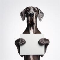 Cute realistic dog holding up a white sign on which text can be inserted, all isolated on a white background photo