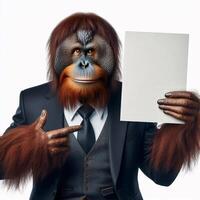 An orangutan in a job specific clothing Holding up an empty sign isolated on a clear white background photo