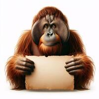 An orangutan in a job specific clothing Holding up an empty sign isolated on a clear white background photo