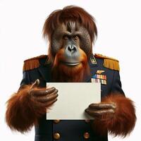An orangutan in a job specific clothing Holding up an empty sign isolated on a clear white background photo