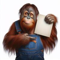 An orangutan in a job specific clothing Holding up an empty sign isolated on a clear white background photo