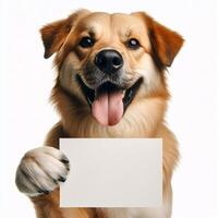Cute realistic dog holding up a white sign on which text can be inserted, all isolated on a white background photo