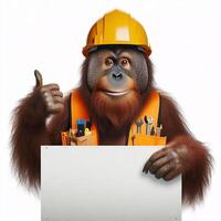 An orangutan in a job specific clothing Holding up an empty sign isolated on a clear white background photo