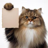 Cat holding up a white sign isolated on a white background photo
