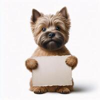 Cute realistic dog holding up a white sign on which text can be inserted, all isolated on a white background photo
