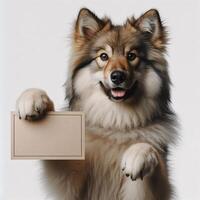 Cute realistic dog holding up a white sign on which text can be inserted, all isolated on a white background photo