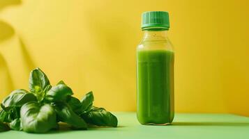 a glass bottle of colorful Fruit smoothie against a solid color background photo