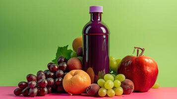 a glass bottle of colorful Fruit smoothie against a solid color background photo