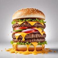 Delicious burger with many ingredients isolated on white background Tasty cheeseburger splash sauce photo