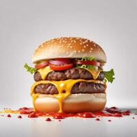 Delicious burger with many ingredients isolated on white background Tasty cheeseburger splash sauce photo