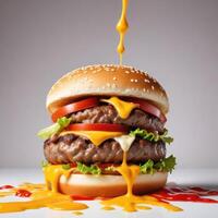 Delicious burger with many ingredients isolated on white background Tasty cheeseburger splash sauce photo