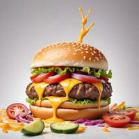 Delicious burger with many ingredients isolated on white background Tasty cheeseburger splash sauce photo