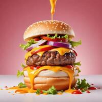 Delicious burger with many ingredients isolated on white background Tasty cheeseburger splash sauce photo