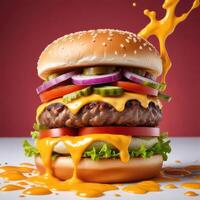 Delicious burger with many ingredients isolated on white background Tasty cheeseburger splash sauce photo