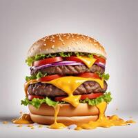Delicious burger with many ingredients isolated on white background Tasty cheeseburger splash sauce photo