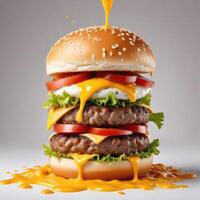 Delicious burger with many ingredients isolated on white background Tasty cheeseburger splash sauce photo